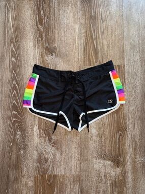 Vintage Y2K Op Black Rainbow-Trim Swim Shorts